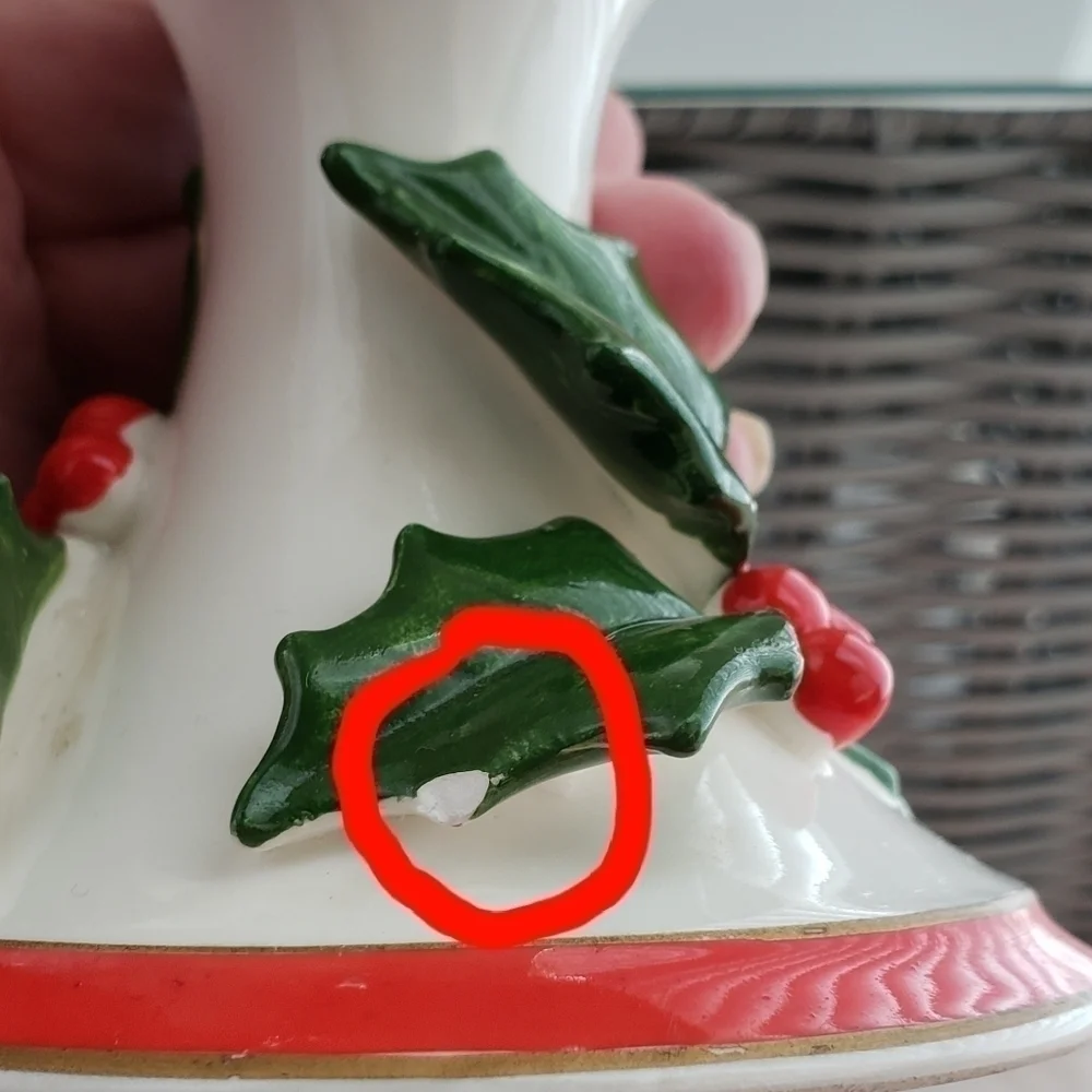 FITZ & FLOYD VINTAGE HOLLY LEAVES & BERRIES CANDLE HOLDERS